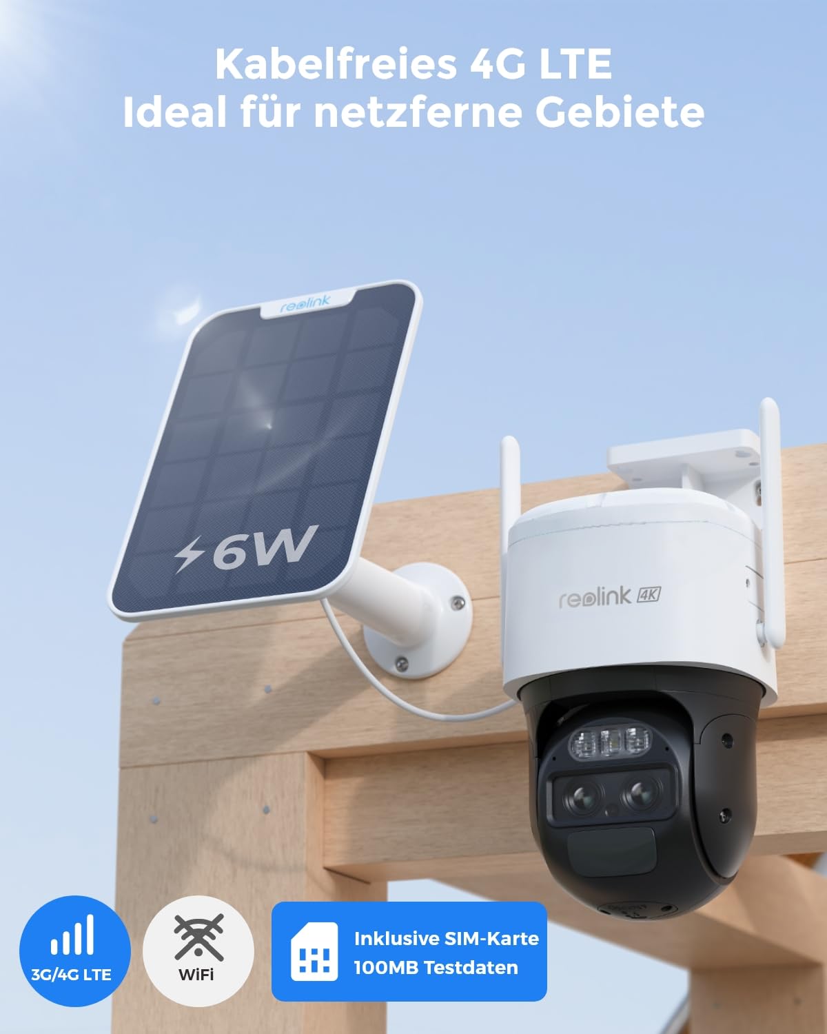 Reolink 4K 3G/4G LTE Solar Überwachungskamera mit SIM Karte, KI-Erkennung | Auto-Tracking & Auto-Zoom, Dual-Lens, 8MP PTZ Akku Kamera Outdoor mit 30m Farbnachtsicht, TrackMix LTE+6W Solarpanel