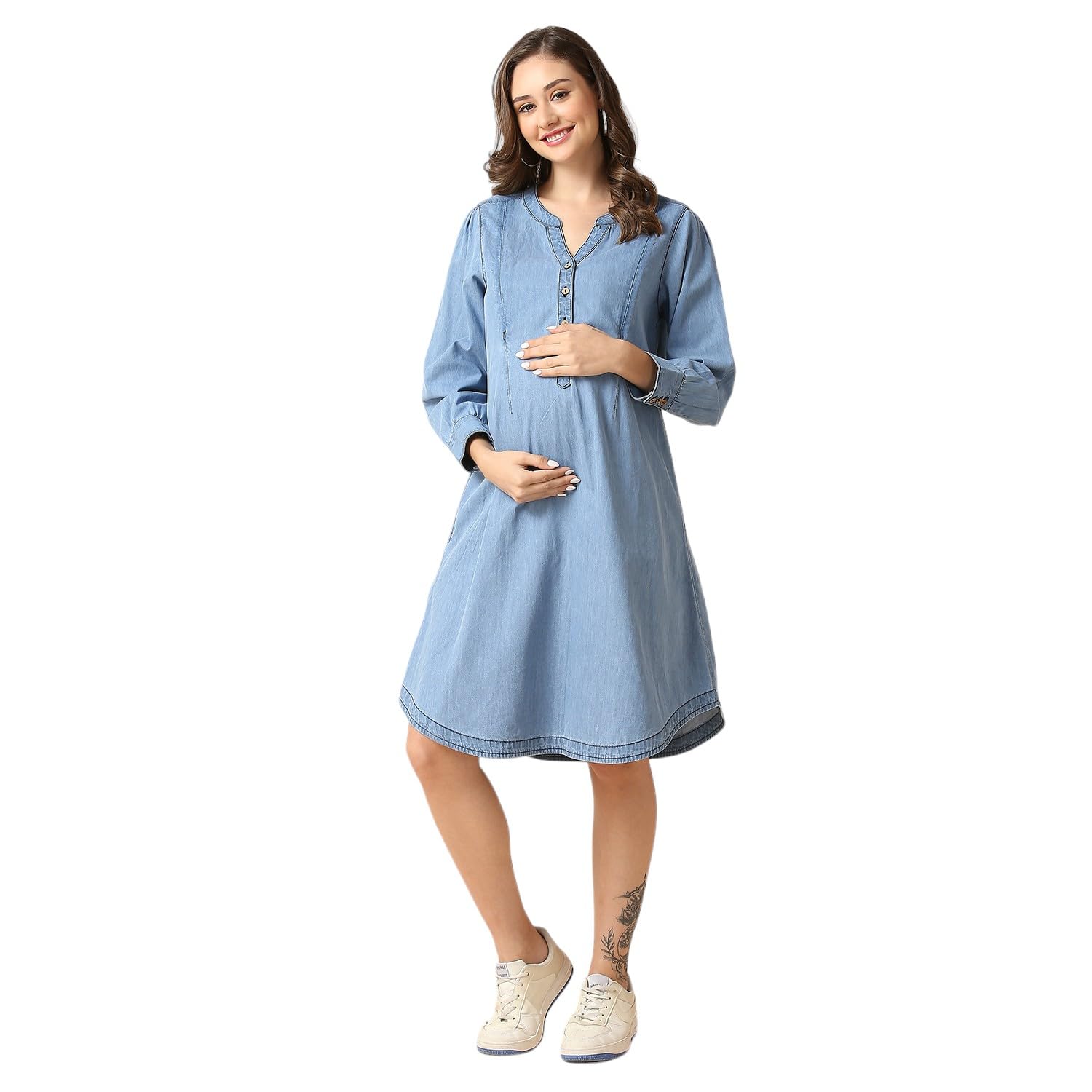Women's Denim Maternity Dress/Pregnancy Dress/Easy Breastfeeding Dress/Feeding Dress/Western Dress with Zippers for Nursing Pre and Post Pregnancy-image-28