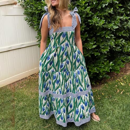 Image of Women Y2k Boho Maxi Dress Tie Shoulder Backless Strappy Tiered Flowy Dress 2024 Summer Floral Beach Sundress
