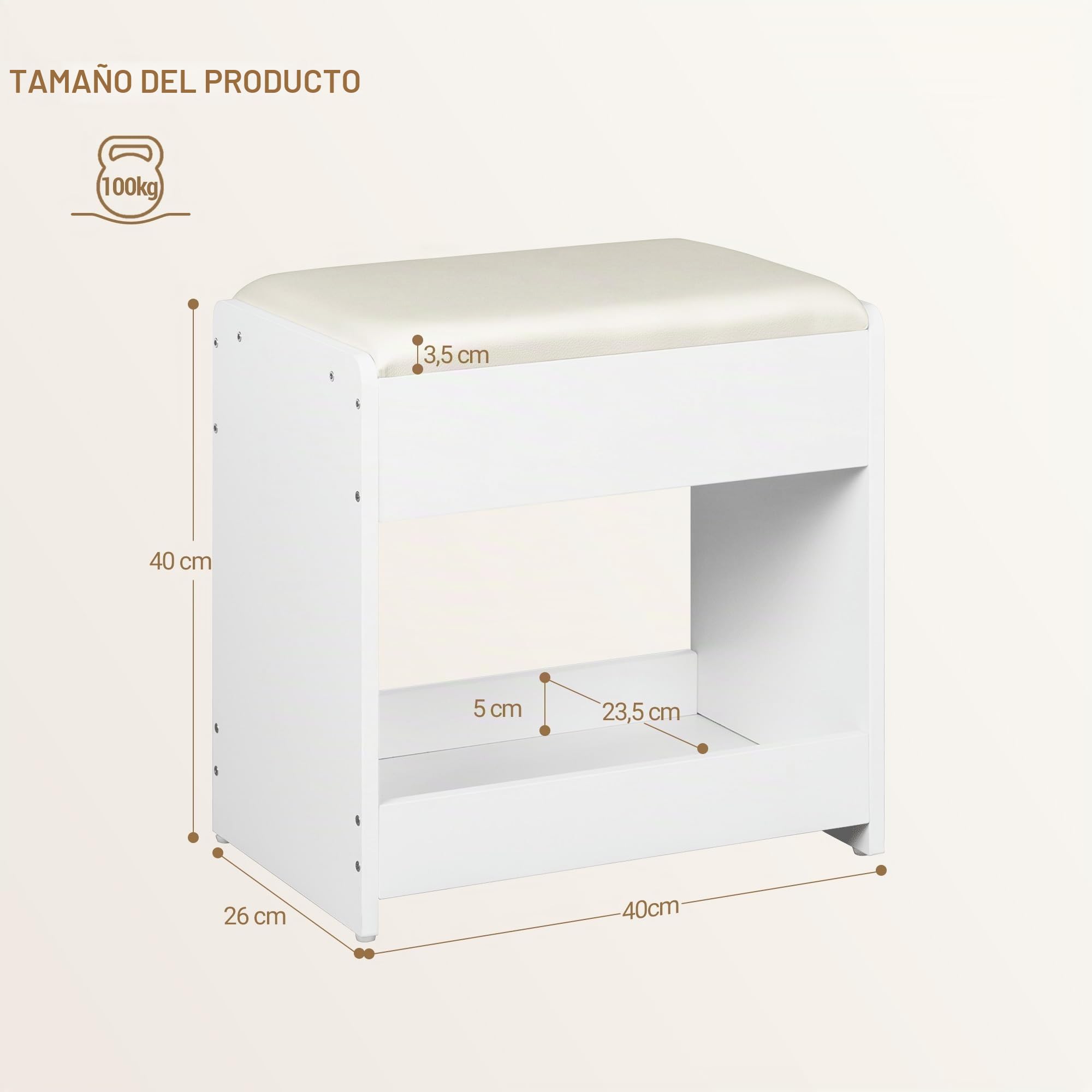Hzuaneri Taburete de Tocador, Taburete de Maquillaje Tapizado, Reposapiés con Almohadilla Antideslizante, para Vestidor, Dormitorio, Entrada, Blanco VS32403X