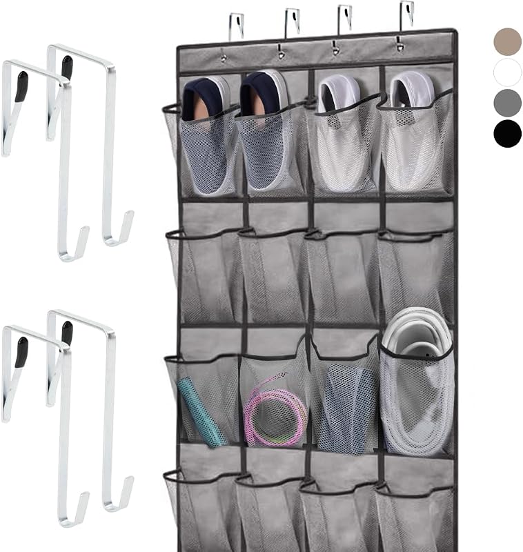 Organizador de zapatos para colgar sobre la puerta, 24 bolsillos de malla transpirable, soporte de almacenamiento para armario, ganchos para permanecer en su lugar para colgar en armarios, percha con capacidad para hasta 40 libras para zapatos, accesorios, gris