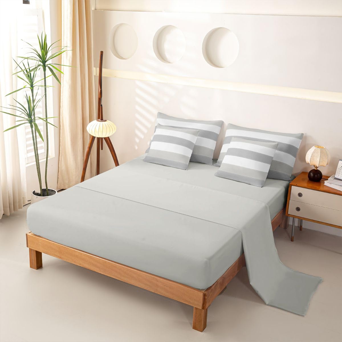 Loussiesd Set di biancheria da letto per bambini e bambine, con copripiumino, lenzuola, federe, federe per cuscini, 7 pezzi, bianco e grigio