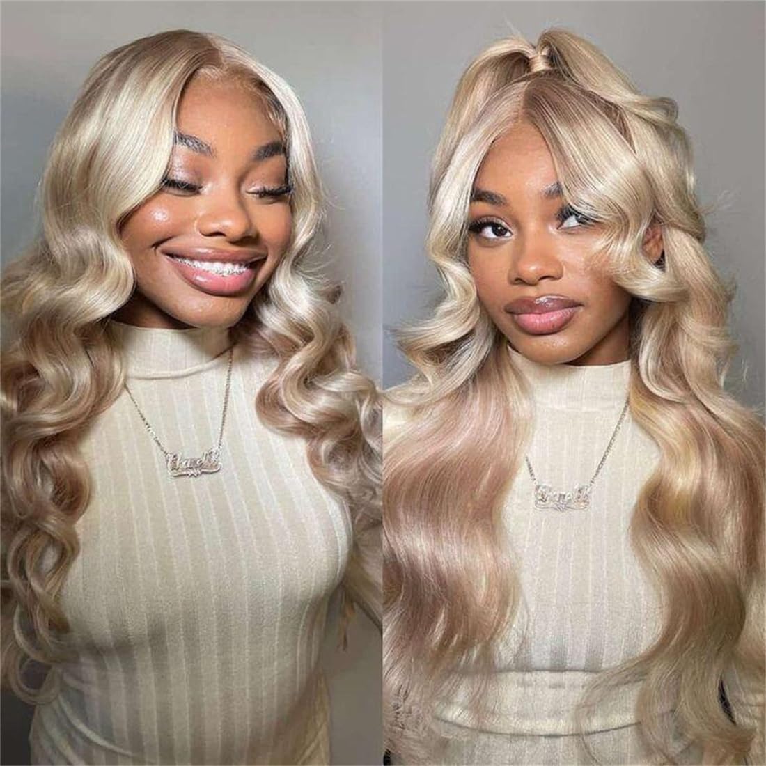 Rina 200% Density Milk Tea Ash Blonde Lace Front Wig Human Hair Upgrades Body Wave Platinum Grey Balayage Lace Front Wig More Full and Thicker 13x4 HD Invisible Frontal Wig for Women 26 Inch