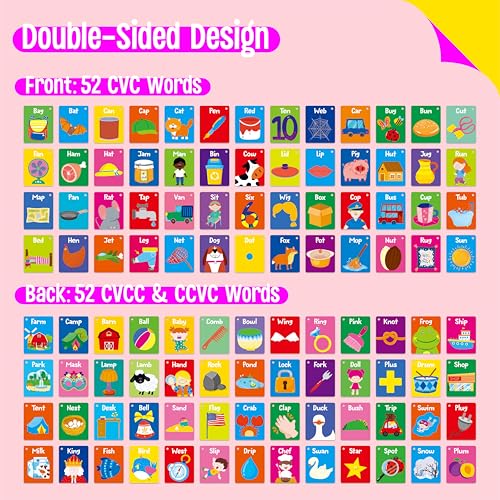 52 PCS Word Flashcards, 52 CVC Words & 52 CVCC, CCVC Words Double-Sided Cards with 2 Rings, Vocabulary Phonics Learning, Educational Tool for Preschool, Kindergarten, Toddlers - Thumbnail 4