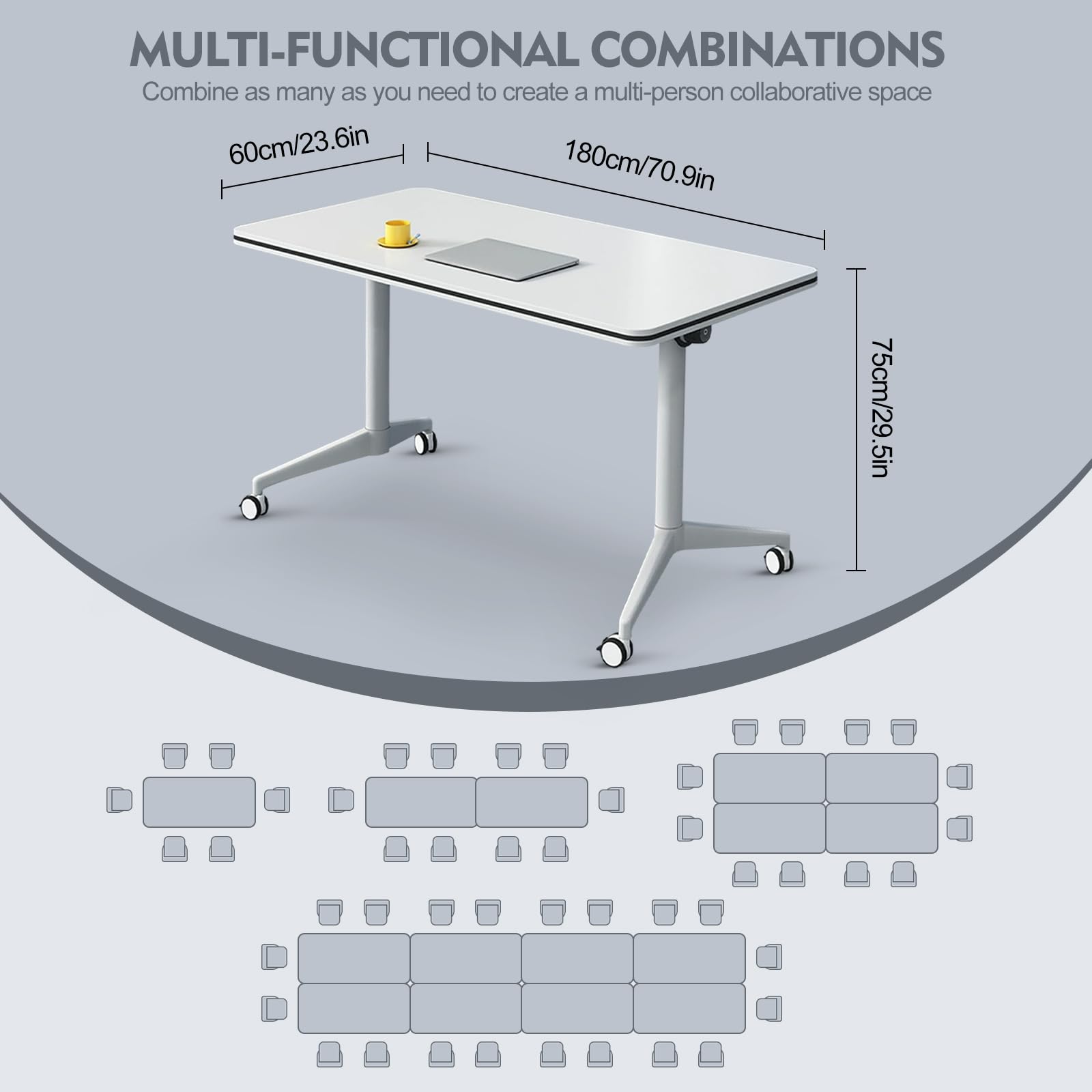 Konferenztisch, moderner, Faltbarer Raum, großer, rechteckiger, weißer Besprechungs- und Schulungsseminartisch mit Klappplatte leisen Rädern für Büro, Klassenzimmer (4er-Pack 70,9 Zoll)