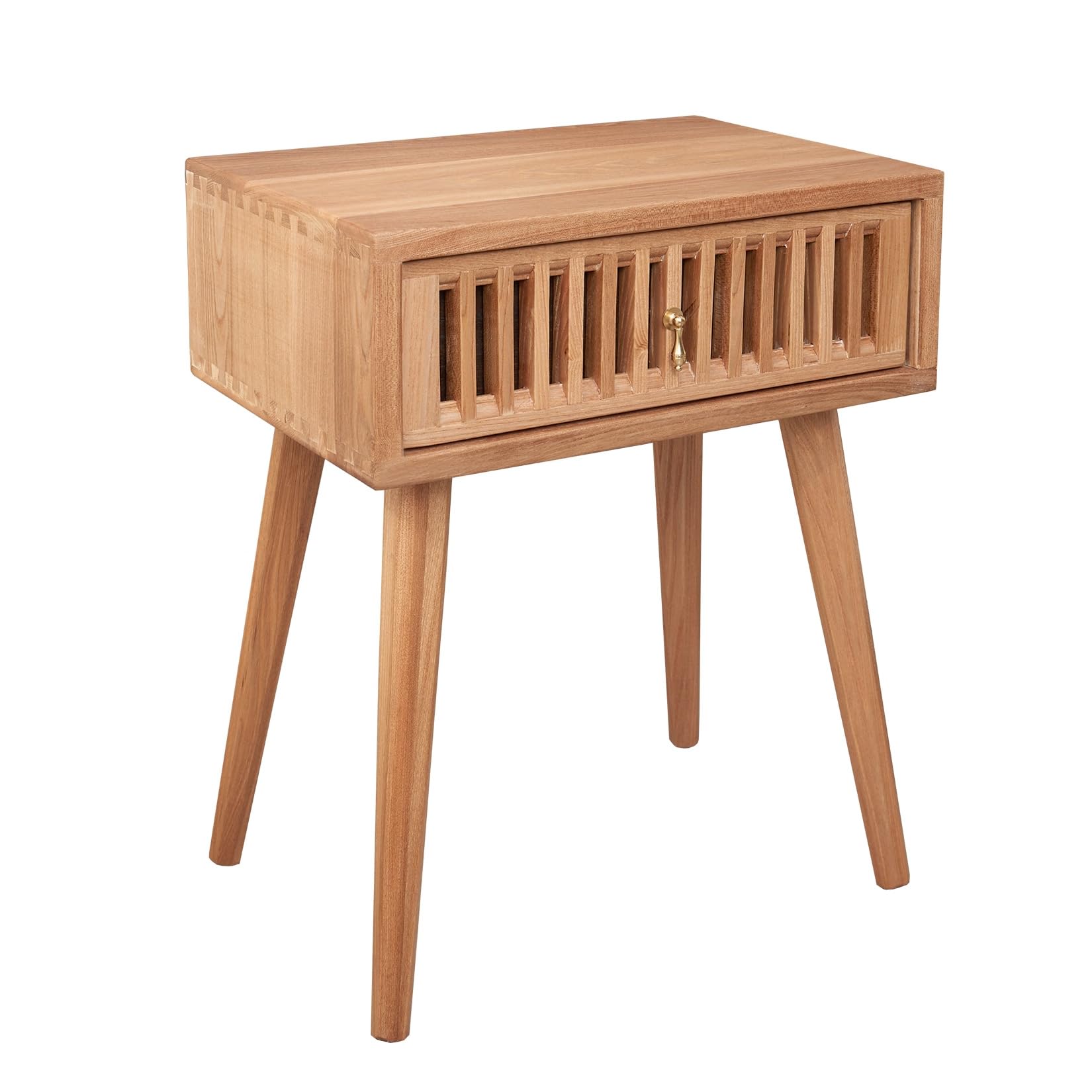 MARCTEL Solid Wood Carving Nightstand with Drawer, Elmwood Bedside End Table, Wooden Night Stand ...