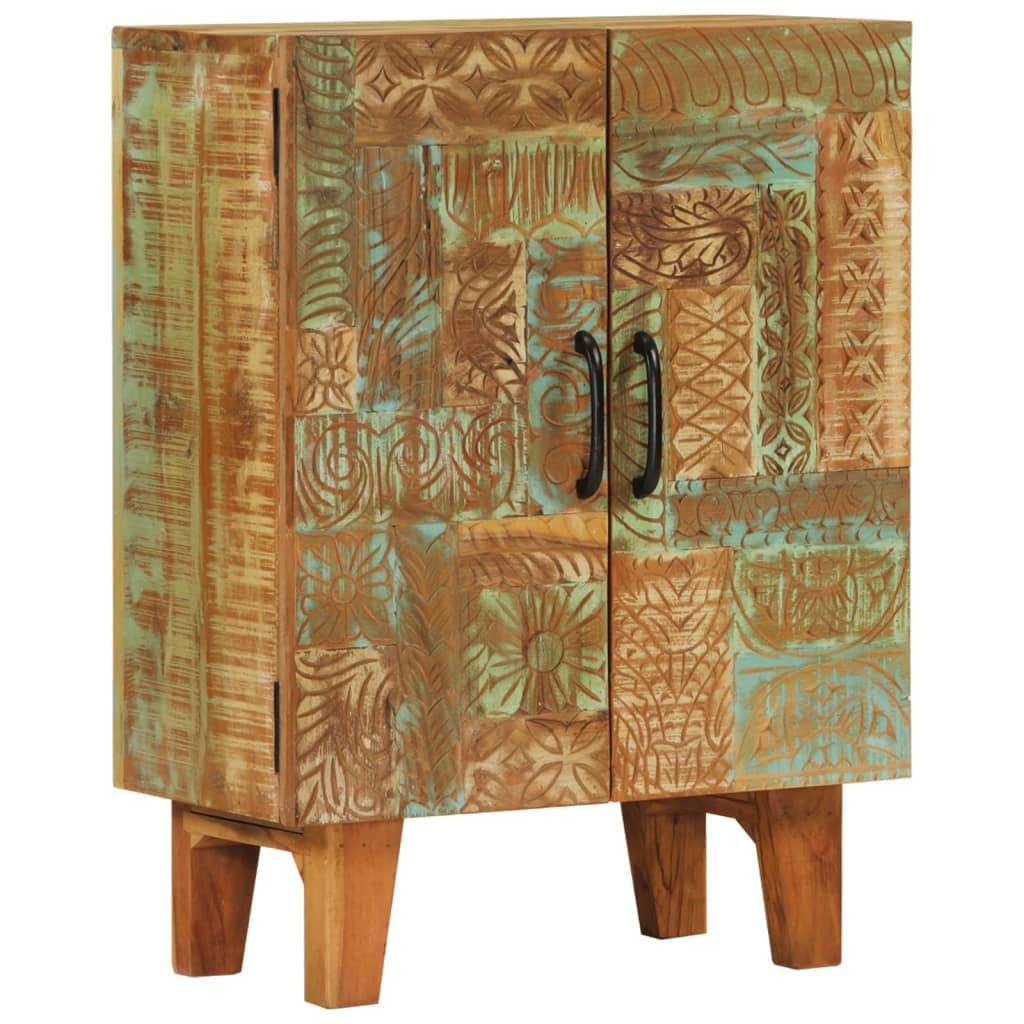 Hand Carved Sideboard Storage Cabinet - Solid Wood Reclaimed - Retro Style - Colorful - 55x30x75 cm - Multicolour - 2 Doors - Living Room