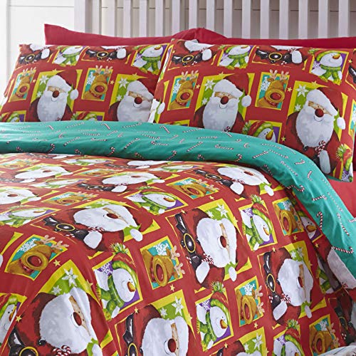 Polo Norte de Navidad Funda de edredón y Almohada para Cama de Matrimonio, diseño a Rayas, Color Rojo, Rojo, Doublé