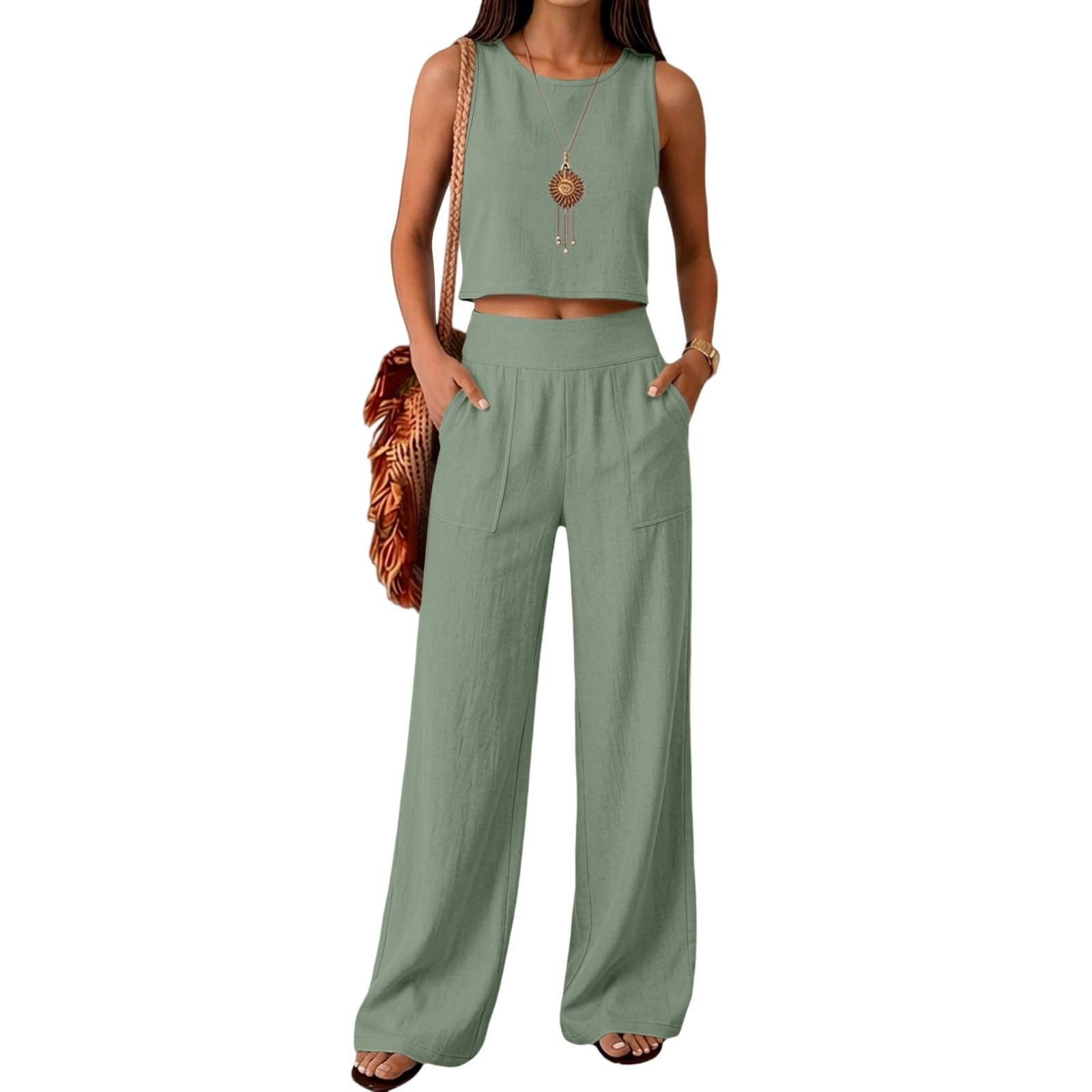 Conjunto Mujer Verano 2 Piezas Original Moda Algodon y Lino Traje de Primavera Ligero Chándal Blusa Sin Manga Pantalones Ropa de Playa Vacaciones Deportivo Casa Trabajo
