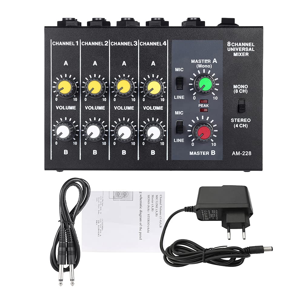 AM-228 Stereo Mixer Audio 8 Canali Ultra-compatta Rumore Basso Metallo Mono con Cavo Adattatore di Alimentazione