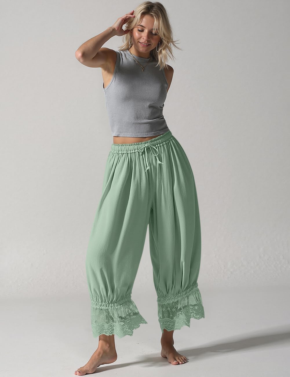 TARSE Women Linen Lace Trim Long Bloomers Pants Ruffle Victorian Vintage Pantaloons Summer Beach Travel Vacation Pants