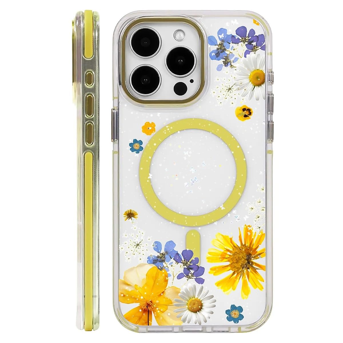 CARLOCA for iPhone 16 Case,Yellow Pressed Flower Compatible with MagSafe & Magnetic Wireless Charging,Shockproof Protective Phone Case Cover for