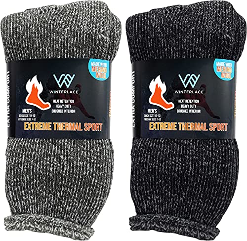 Mens Insulated Brushed Thermal Socks, 2 Pairs Merino Wool Warm Winter Heavy Cushioned Crew Sock