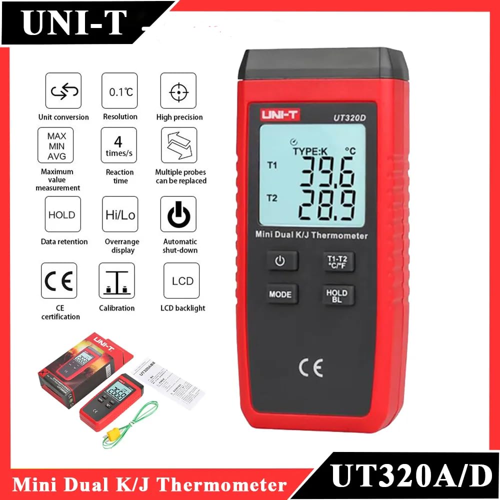 UNI-T Uni-trend Industrialthermometer UT320A Digital Thermometer : Mini Dual Thermocouple Typ K J High Temperature Meter -50℃ to 1200℃ Tester