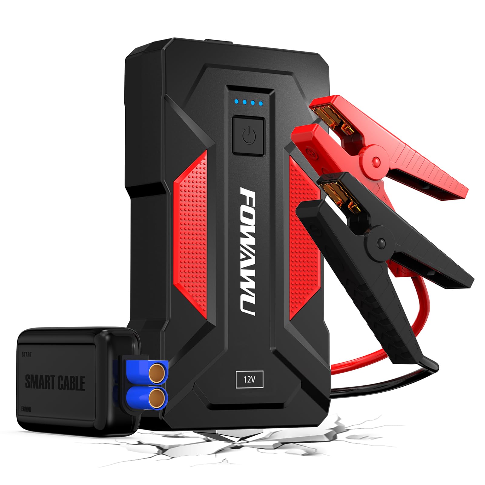 FOWAWU Arrancador de Coches 6000A 22800mAh Arrancador de Baterias de Coche Portátil para Motor 9,5L Gasolina o 7,5L Diesel con luz LED y 2 Puertos USB de Carga rápida