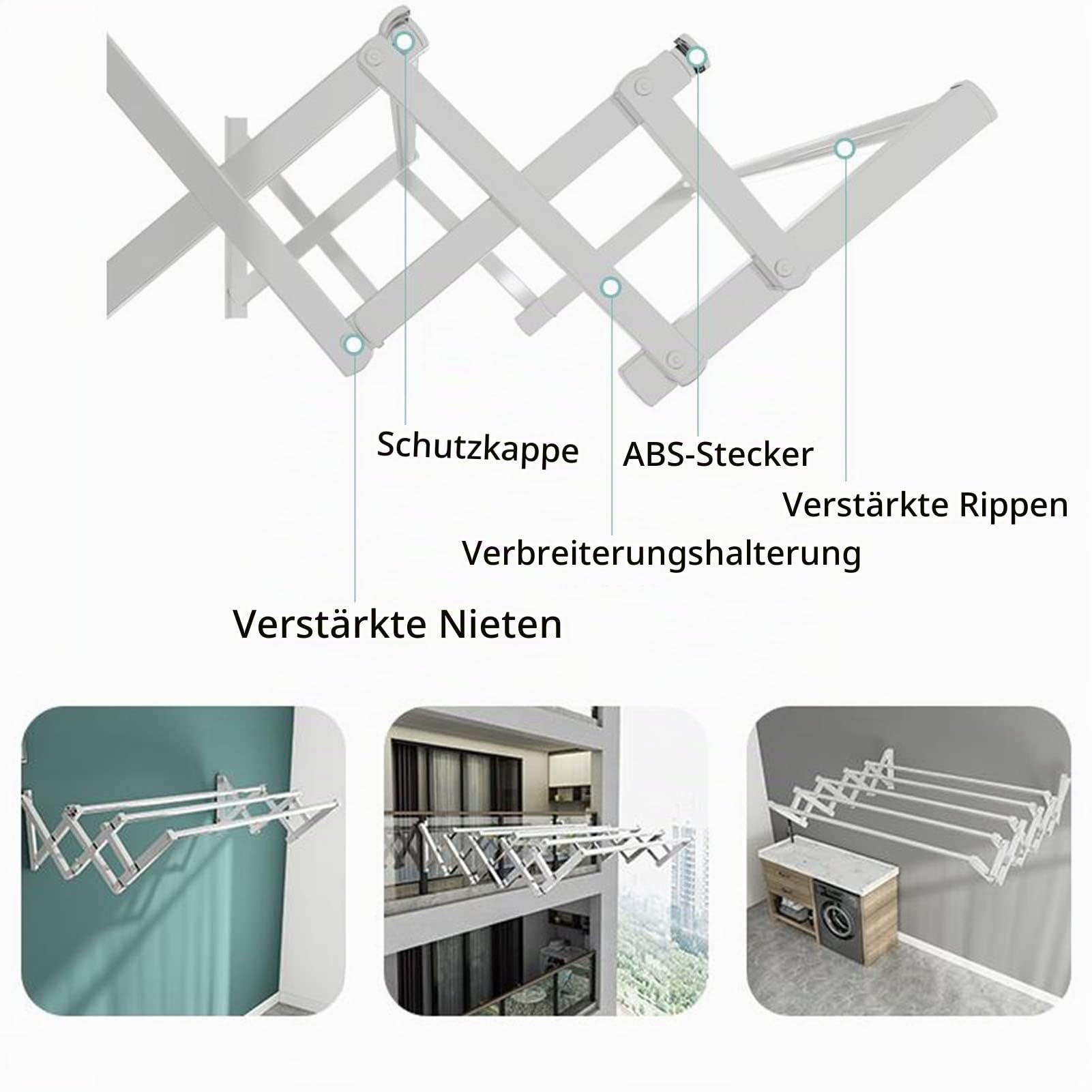 Vnook Edelstahl-Wäscheständer, Handtuchhalter, zusammenklappbar, einziehbar | Wandmontage, Wäscheständer, Kleidung, Outdoor, erweiterbare Wäscheleine, Wäschetrockner(120cm)