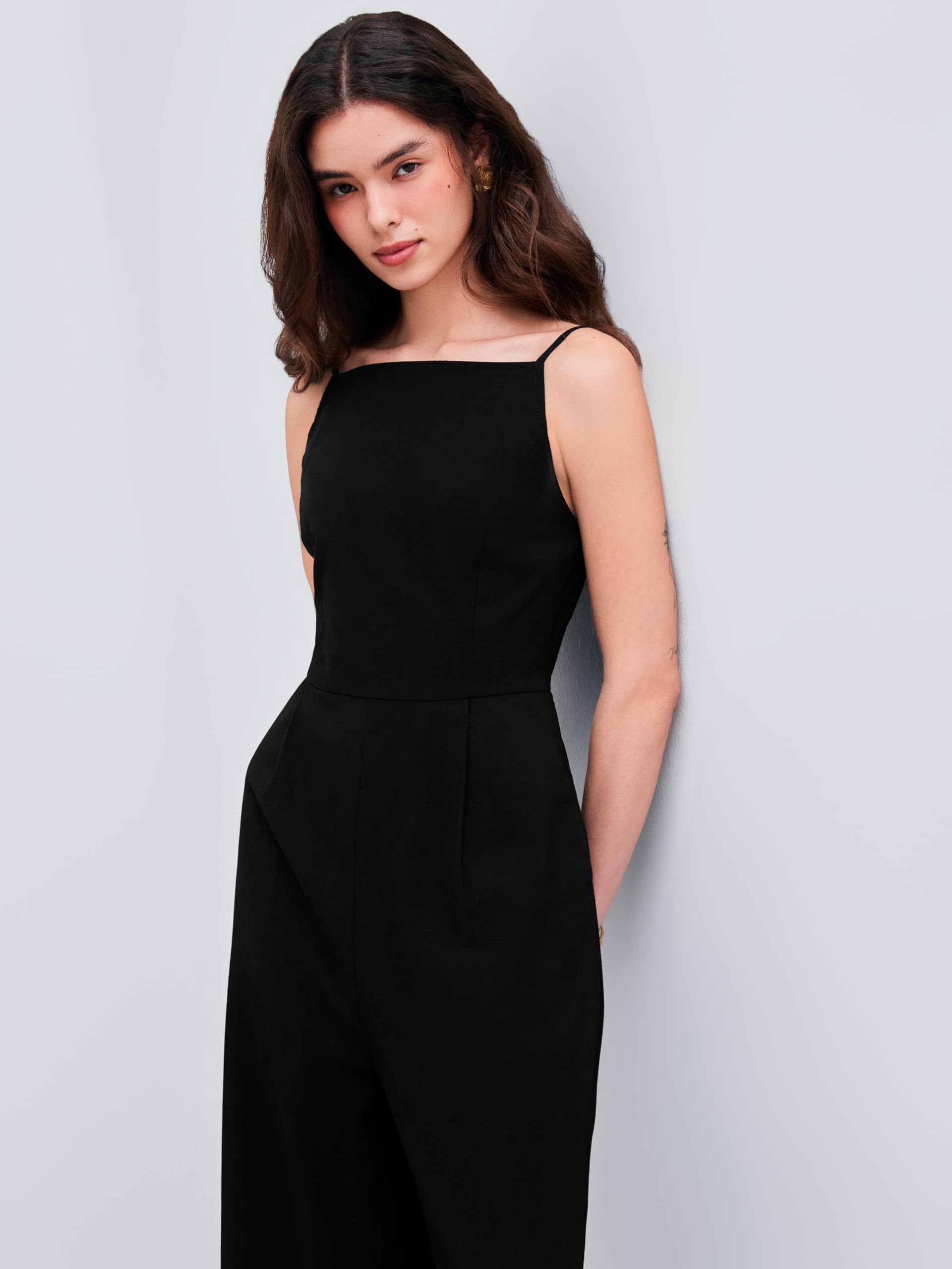 CIDER Jumpsuits for Womens Cotton-blend Square Neck Solid Shirred Jumpsuit Womens Overalls: Black Small