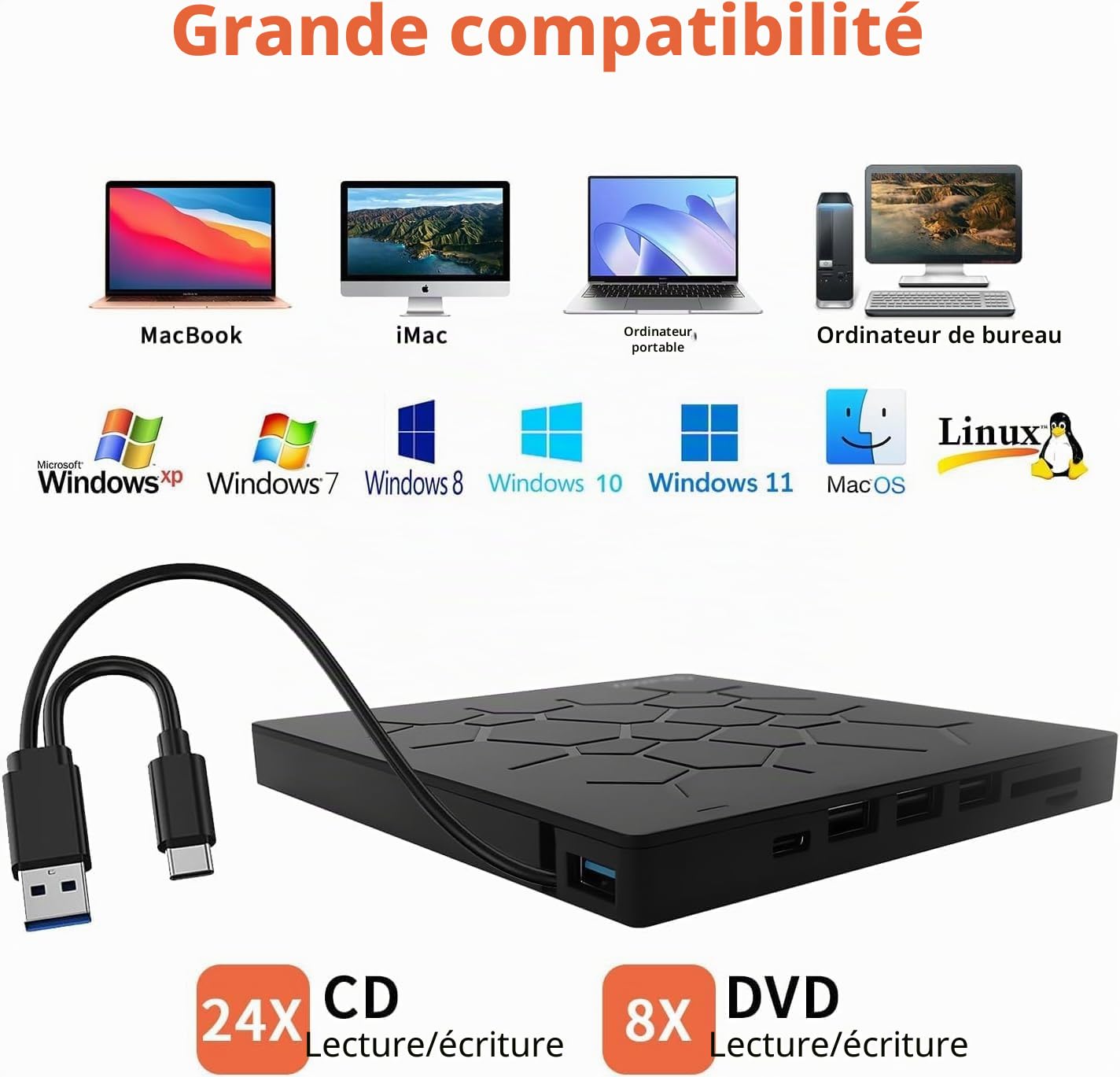 QUMOX Graveur externe DVD/CD USB 3.0, lecteur CD/DVD avec 4 ports USB et lecteur de carte TF/SD, compatible Windows/Mac/Linux
