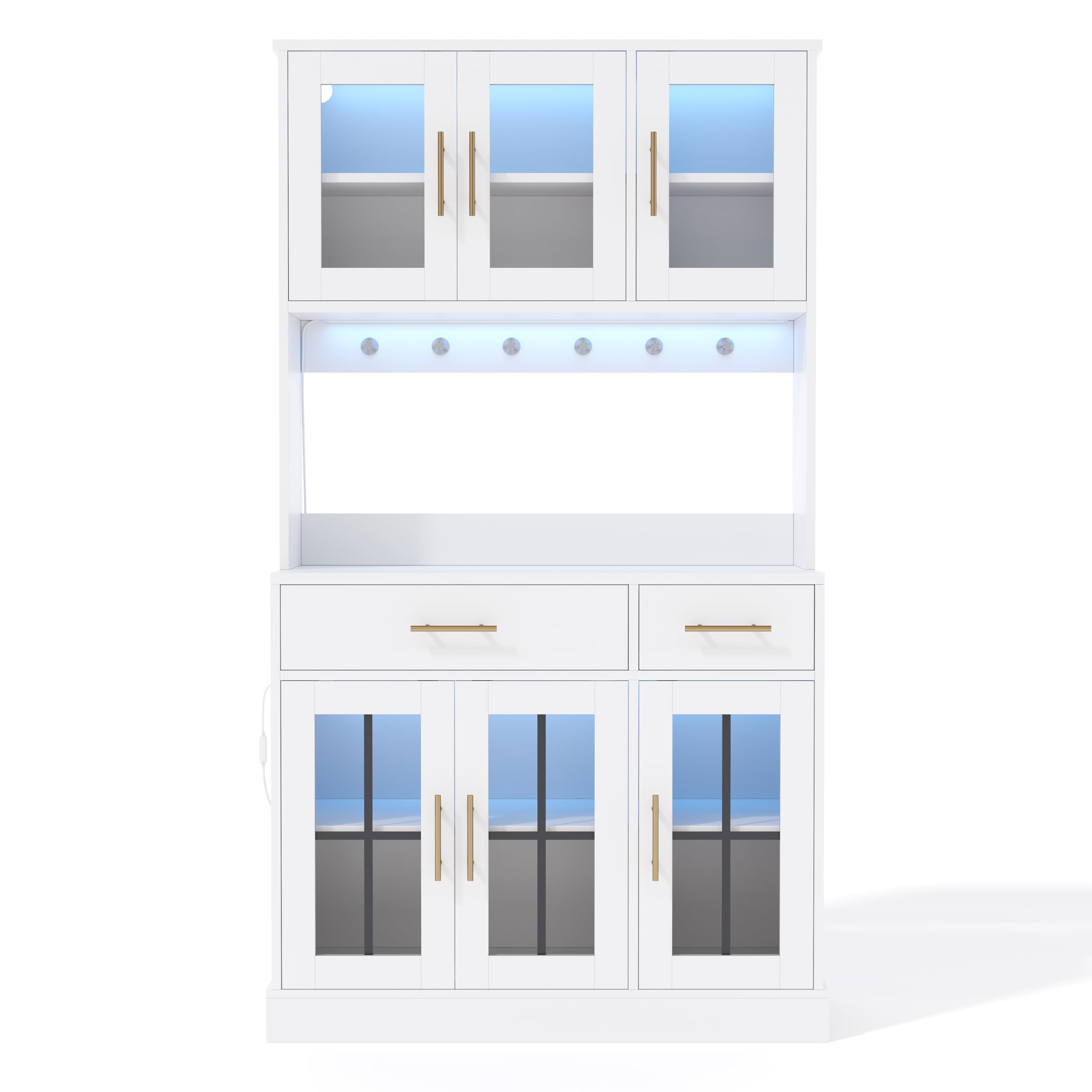 REXO Credenza da cucina dotata di 6 ante e 2 cassetti, ripiani regolabili per una conservazione flessibile, design in stile rustico, maniglie in metallo dorato, bianco, 180 x 100 cm