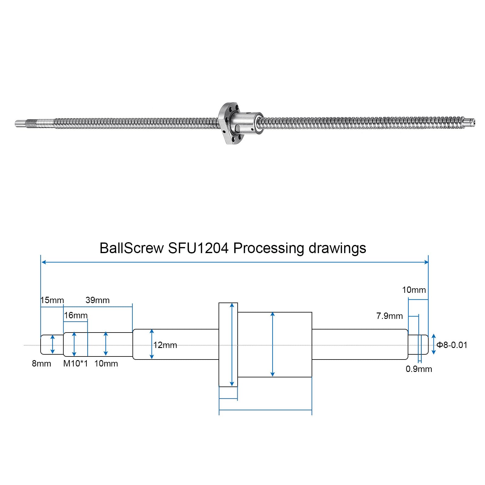 sourcing map Vite a sfera SFU1604 (Dia 12 mm, piombo 4 mm, lunghezza 500 mm) con dado a vite a sfera Anti gioco Kit viti a sfera Lavorazione standard per parti meccaniche CNC BK/BF12