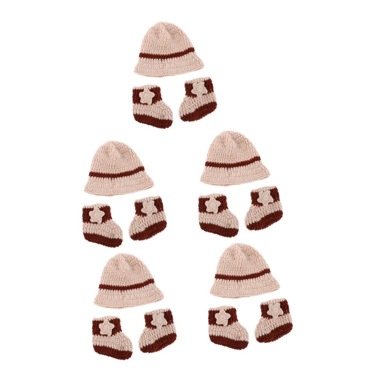 5 Juegos Conjunto Artesanal para Recién Nacido con Gorro y Calcetines de Punto Beige Vaquero para Sesiones Fotográficas y Transpirable para Bebés y de Shower