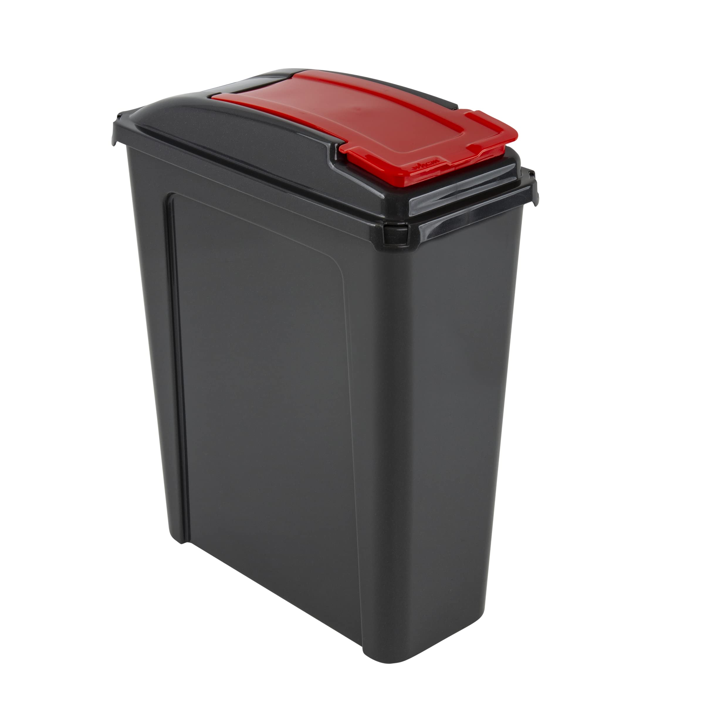 25L Slim Recycling Bin with Colour Coded Flap Lid – Durable Heavy Duty Plastic Kitchen Rubbish Bin, Narrow Waste Dustbin for Home, Office or Utility Room (Red)