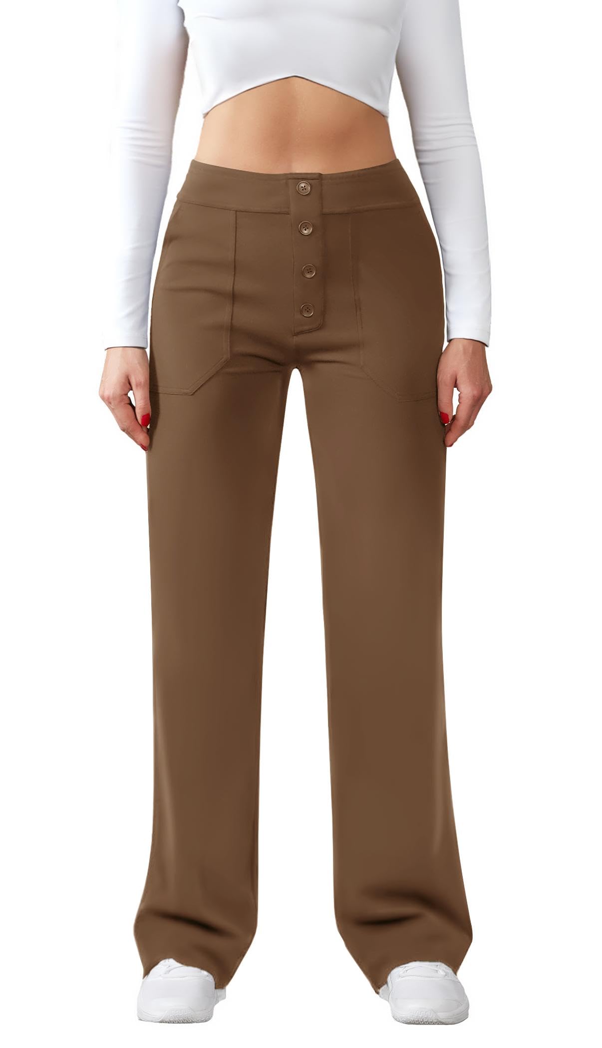 JEKAOYI Womens Casual High Waist Straight Leg Pants Stretchy Button Business Dress Work Pocket Trousers