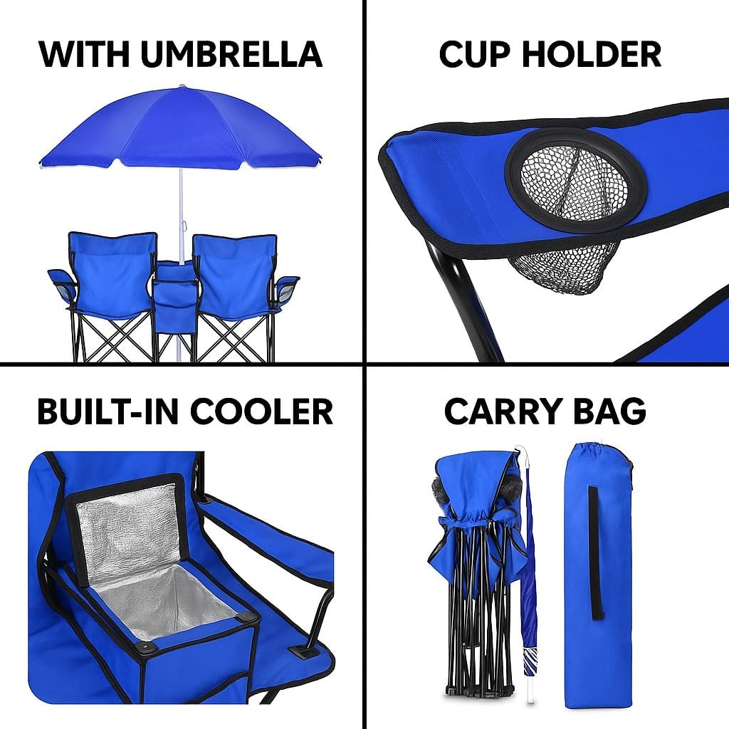 GoTEAM! Portable 2-Seat Folding Camp Chair with Cooler, Umbrella & Cup Holders – Outdoor Picnic, Beach, or Tailgate Seating – Carry Case Included (Royal Blue)