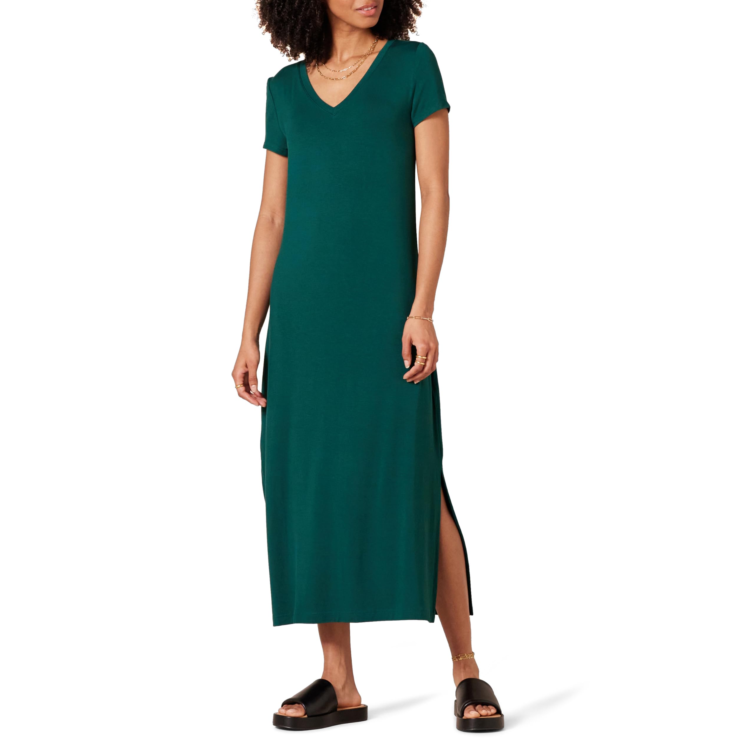 Amazon Essentials Vestido Midi de Punto de Manga Corta con Escote en Pico Mujer