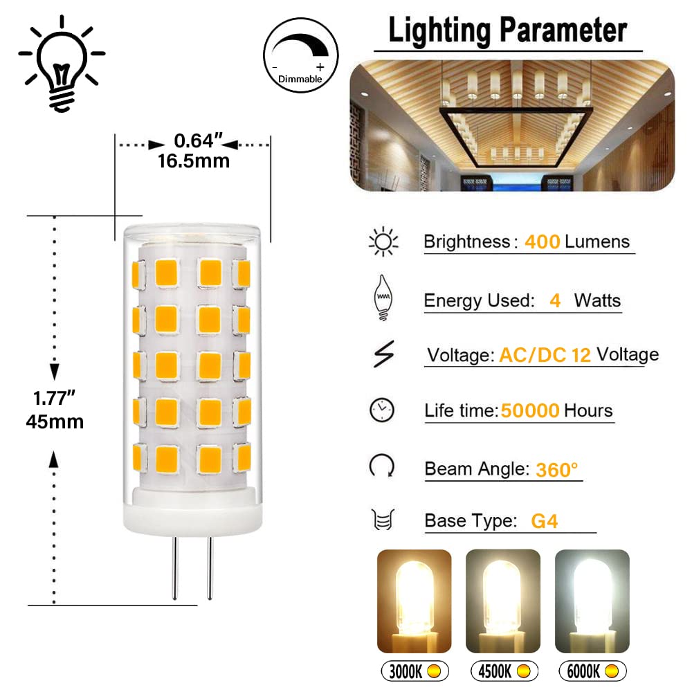 LED-Birnen 4W-400LM [40W Halogen-Äquivalent], G4-Bi-Pin-Sockel Maisbirne, 360 ° Abstrahlwinkel, flimmerfrei, Niederspannung AC DC 12 V, dimmbare G4-Glühlampen (10er-Pack)