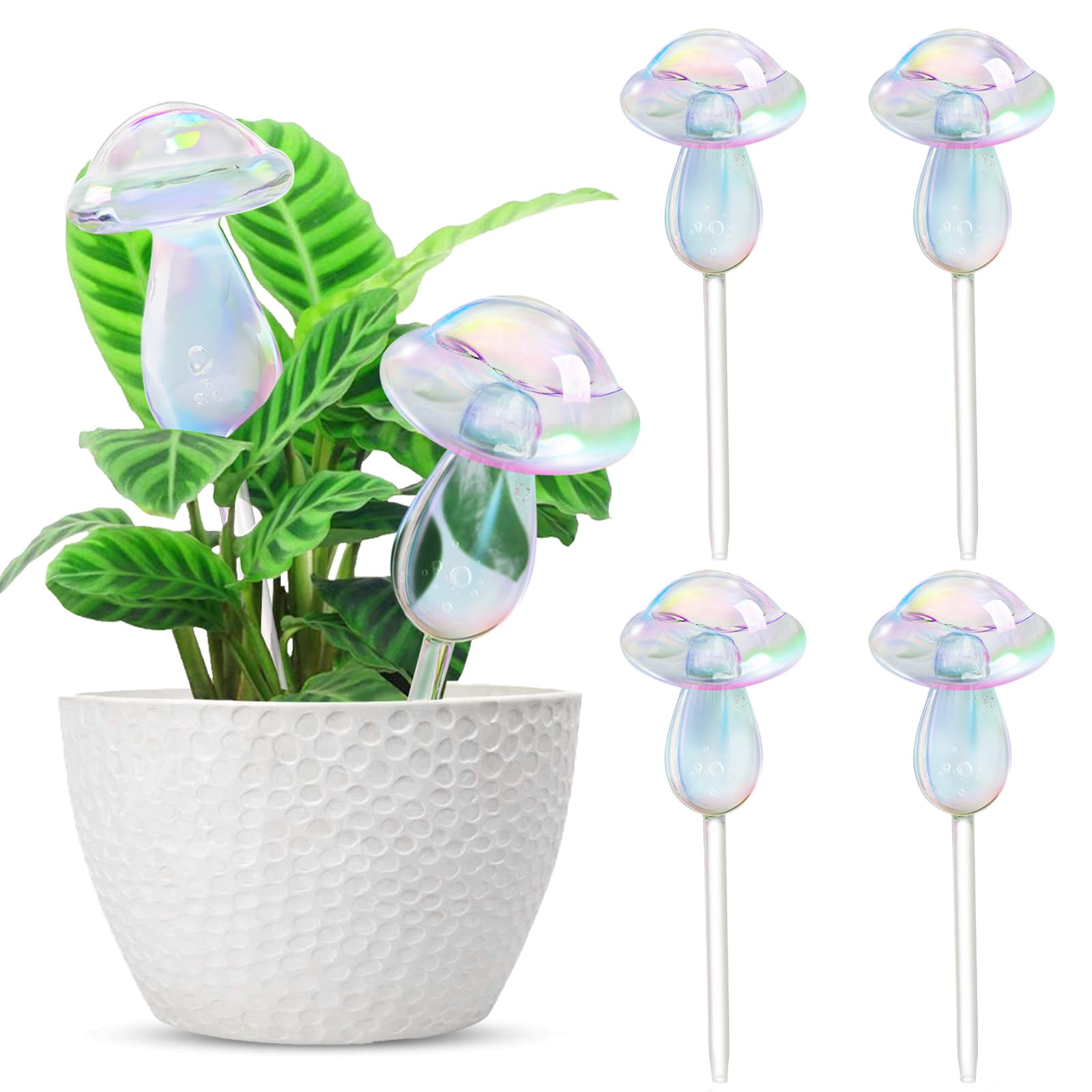 Plant Watering Globes, 4 Pack Iridescent Glass Mushroom Self Watering Globe, Glass Waterer for Potted Plants, Plants Flower Automatic Watering Device for Indoor and Outdoor