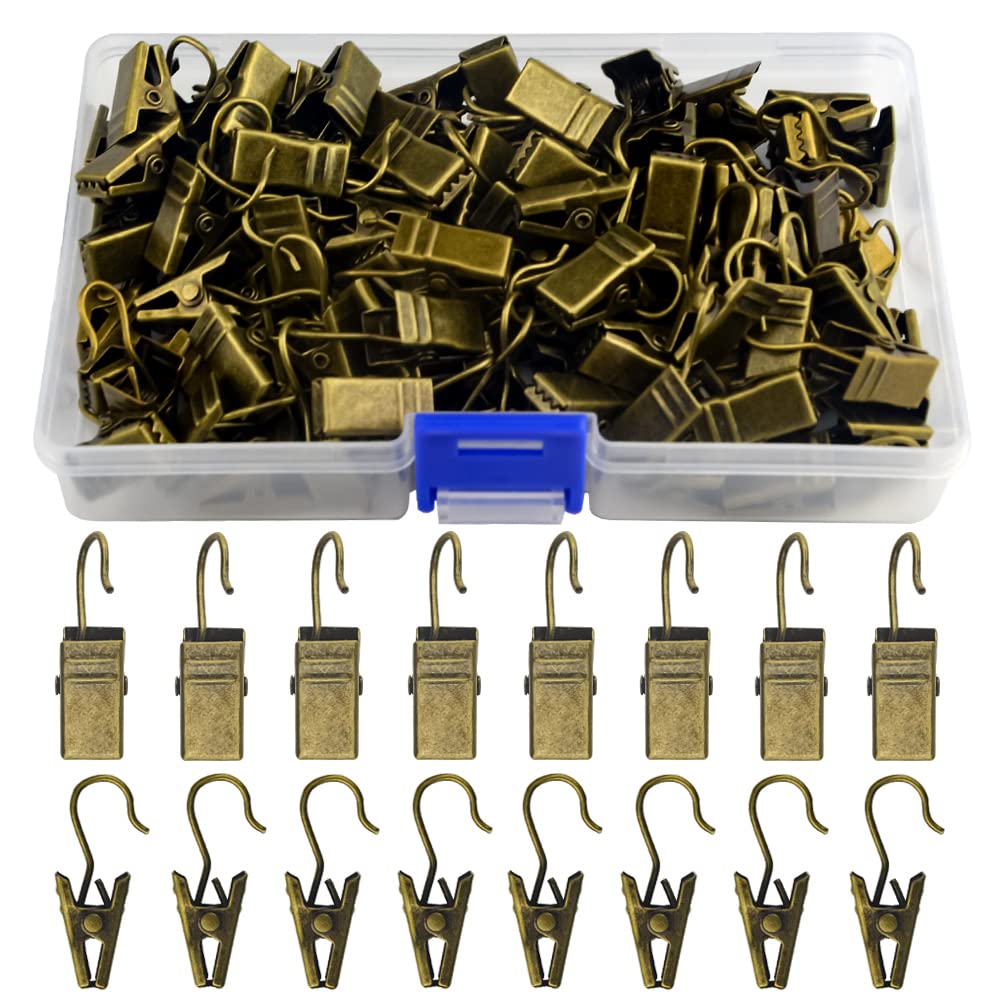 WMYCONGCONG 100 PCS Metal Hook Clips Hanging Curtain Clip Small Heavy-Duty Hooks Set String Lights Clips for Photos Home Decoration Art Craft Display and Outdoor Activities (Antique Bronze)