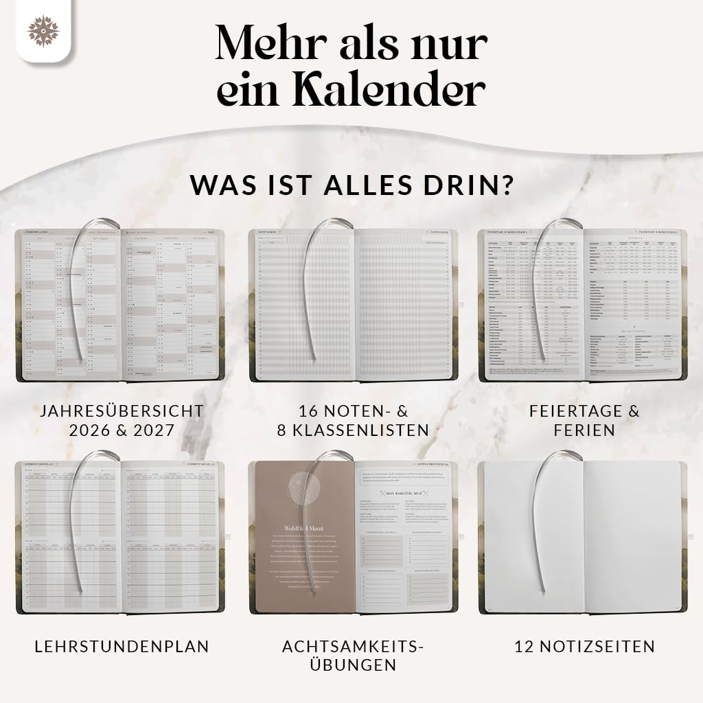 Lebenskompass® Lehrerkalender 2026/2027 DIN A4 ”Pine” - Schuljahresplaner Hardcover mit Wochen & Monatsübersichten, Klassen & Notenlisten, Stundenplänen für Lehrerinnen und Lehrer