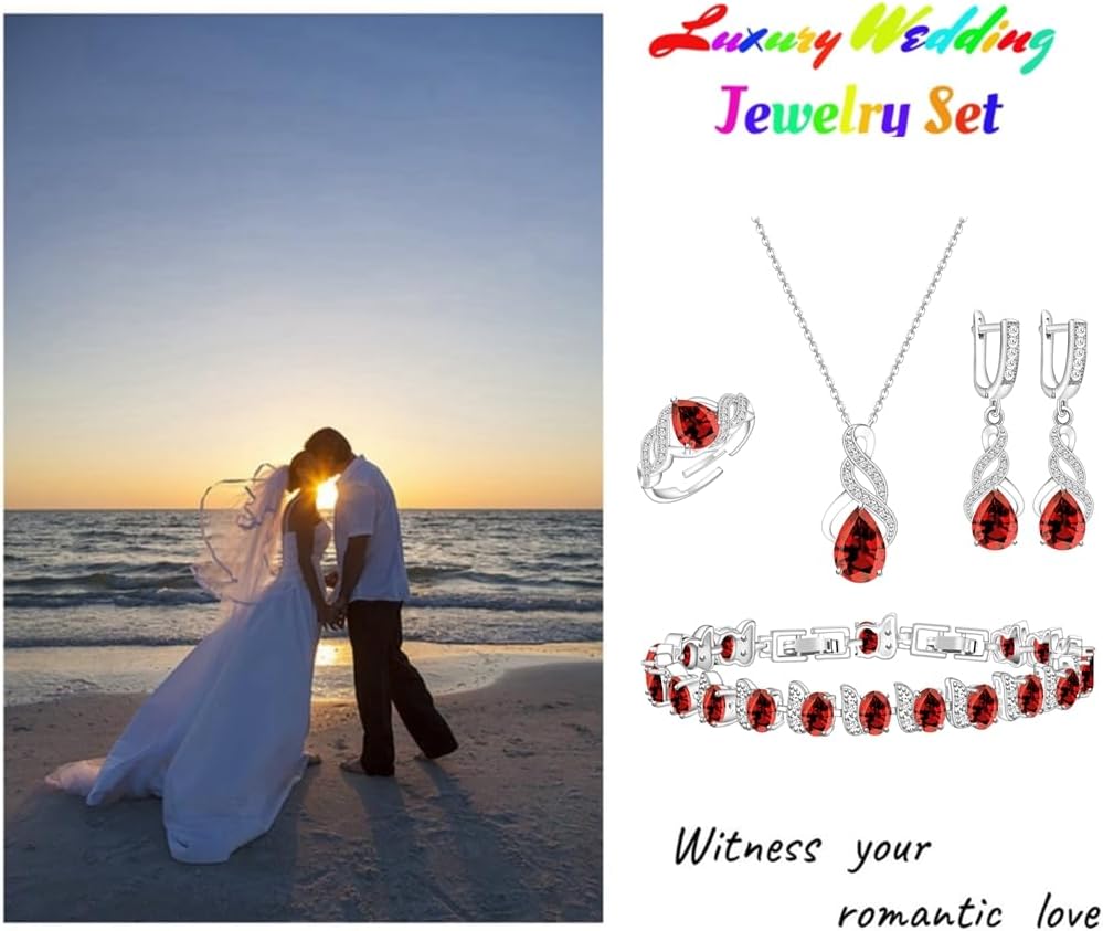 LMXXVJ Jewelry Set for Women,Teardrop Cubic Zirconia Necklace Earrings Adjustable Ring Bracelet Jewelry Set Formal Jewelry Gift - Image 3