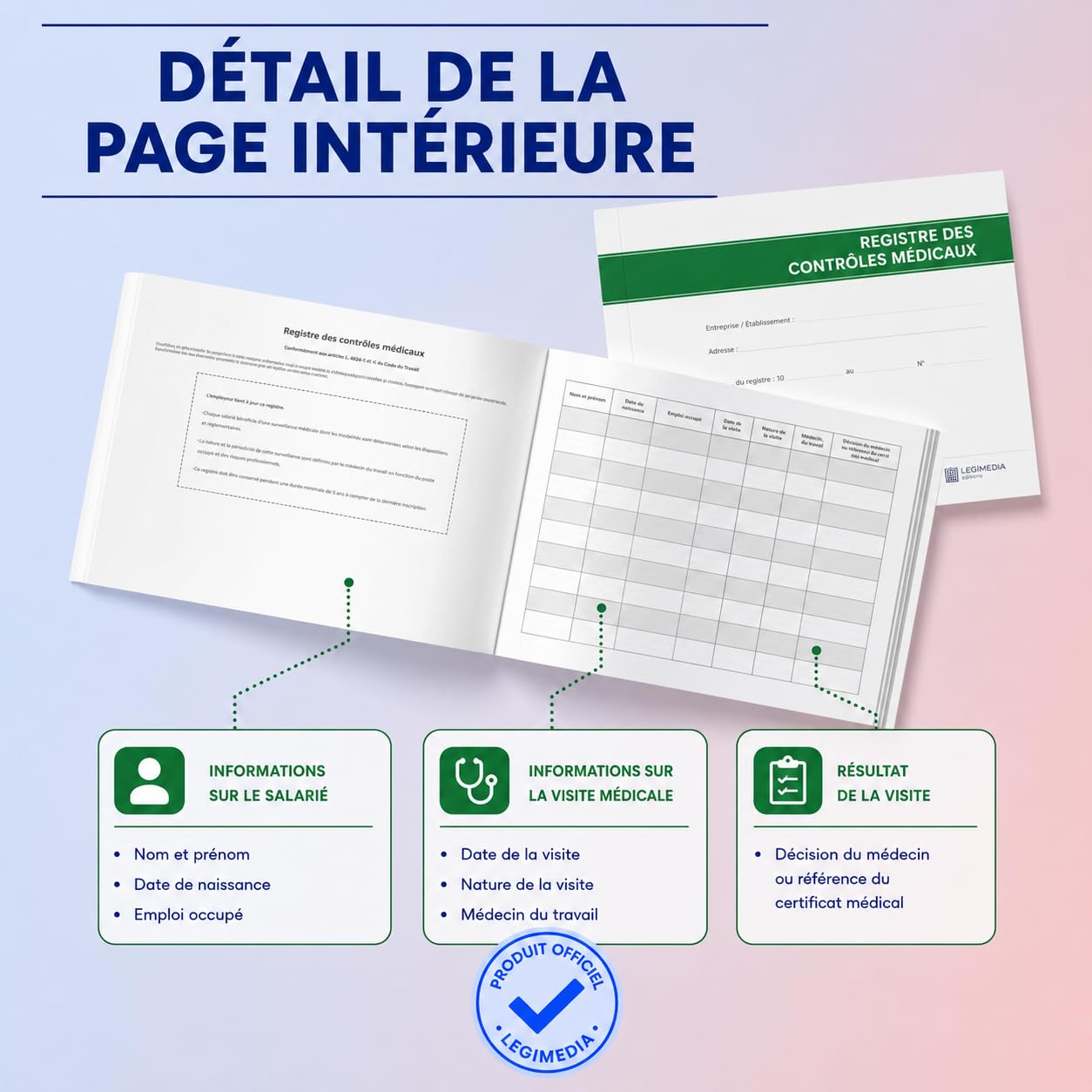 Registre des Contrôles Médicaux - Conforme à la legislation - Format A4-64 pages - LEGIMEDIA ÉDITIONS