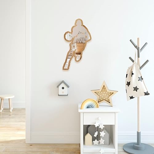Miniatura 5 de Jugador de baloncesto con diseño de madera natural plateada con marco acrílico para colgar espejo de pared, calcomanías decorativas para bebés,