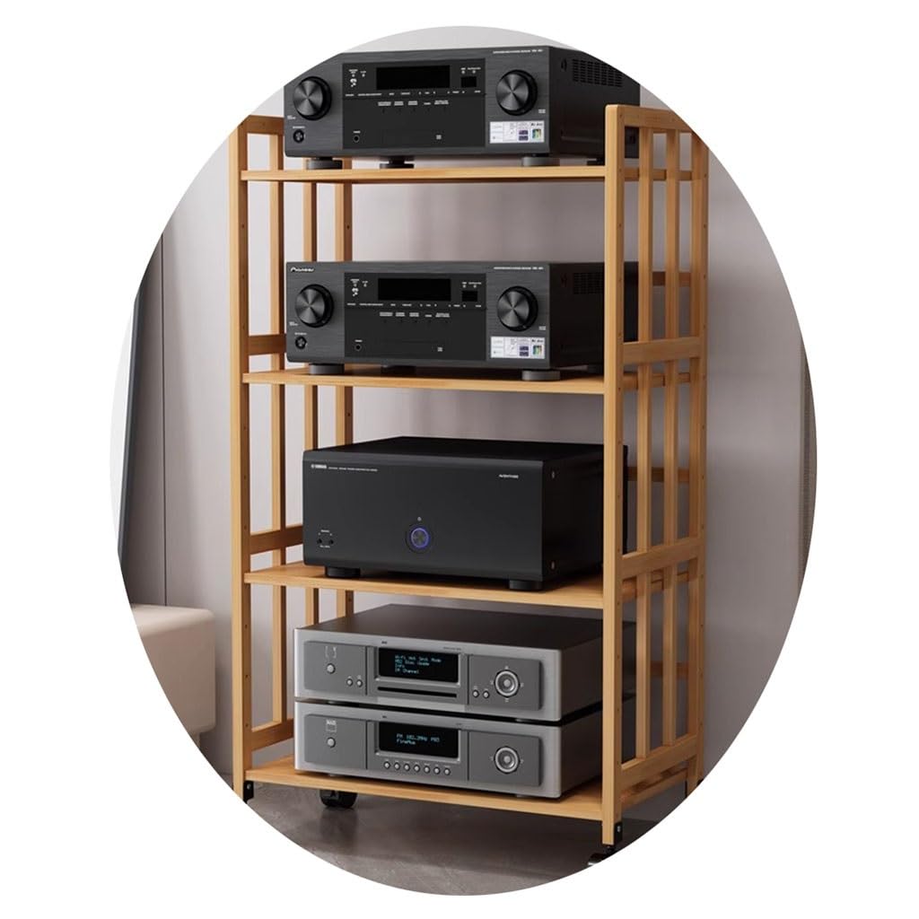 Scaffale AV a 4 ripiani in bambù per HiFi con rotelle, elegante armadietto audio per apparecchiature video, 60 x 38 x 123 cm, finitura in legno, ideale per sistemi home theater e musica