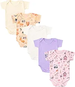 Kit 5 Peças Body Bebê Canelado Menina Manga Curta Estampado e Liso Enxoval Roupinha