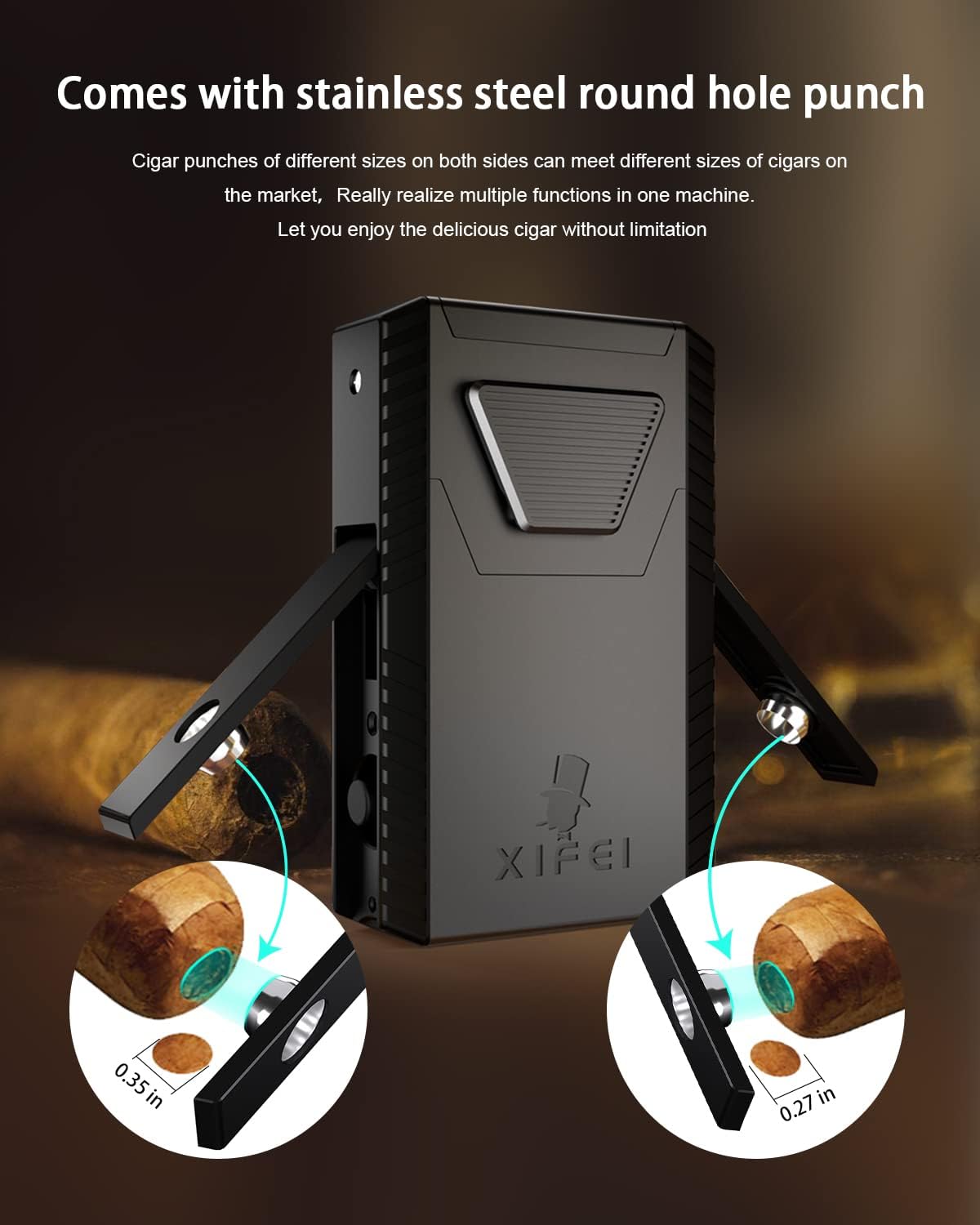 XIFEI Cigar Lighter Triple-Jet Flame, with Integrated Cigar Puncher and Double-Blade Cigar Cutter (Black)