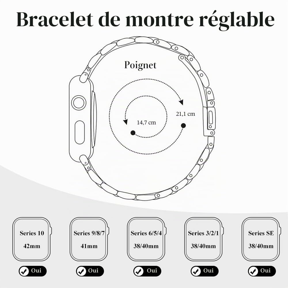 Bracelet compatible avec le Apple Watch 11 10 42mm pour femme, Band de réglable et fin et élancé en acier inox pour iWatch 11 10 42mm Montre, Argent