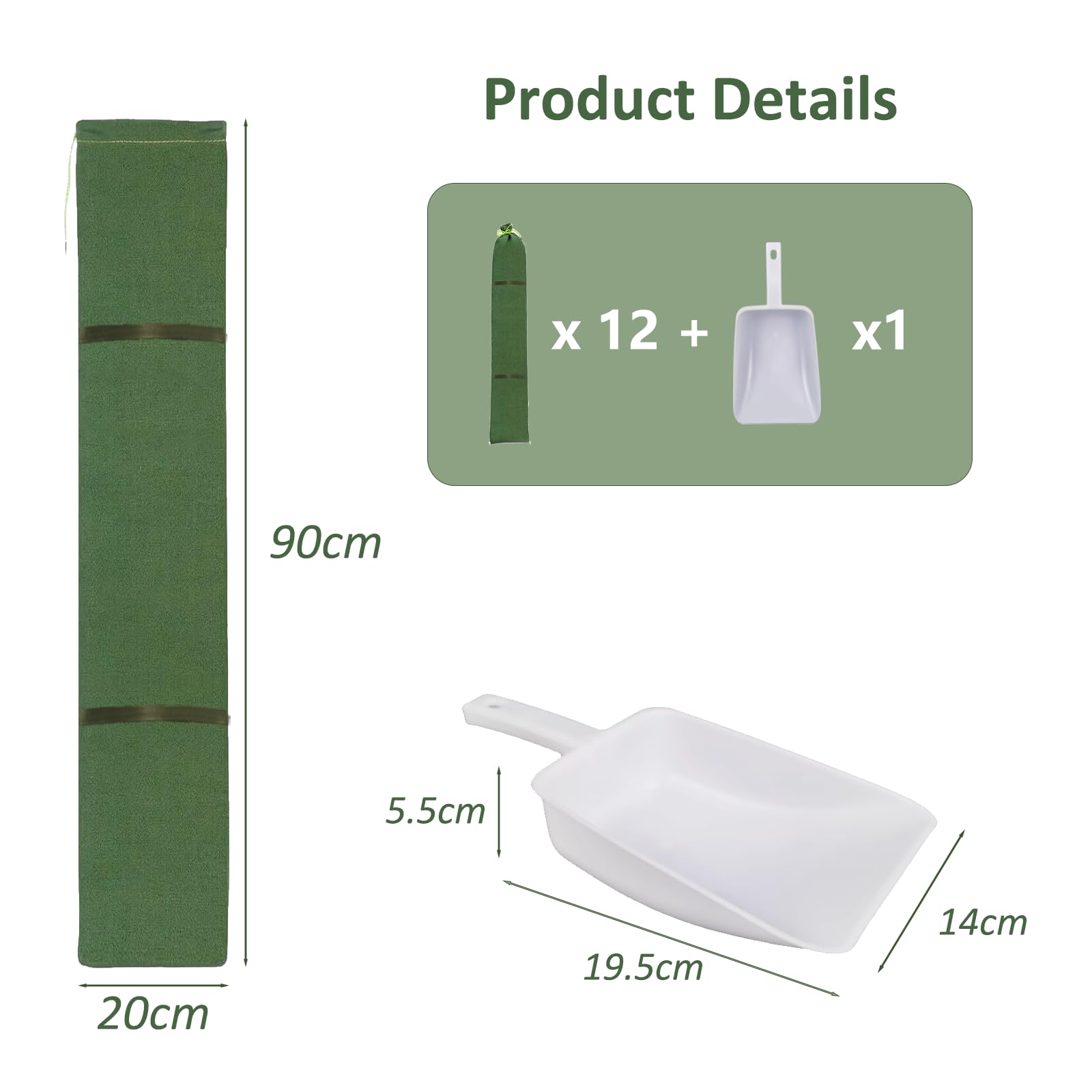 12x Sandsäcke zum Befüllen mit 1x Schaufel, 90x20cm Silosandsäcke unbefüllt, UV-beständiger wiederverwendbarer Hochwasser Sandsack mit Griffen Hochwasserchutz Wassersperre