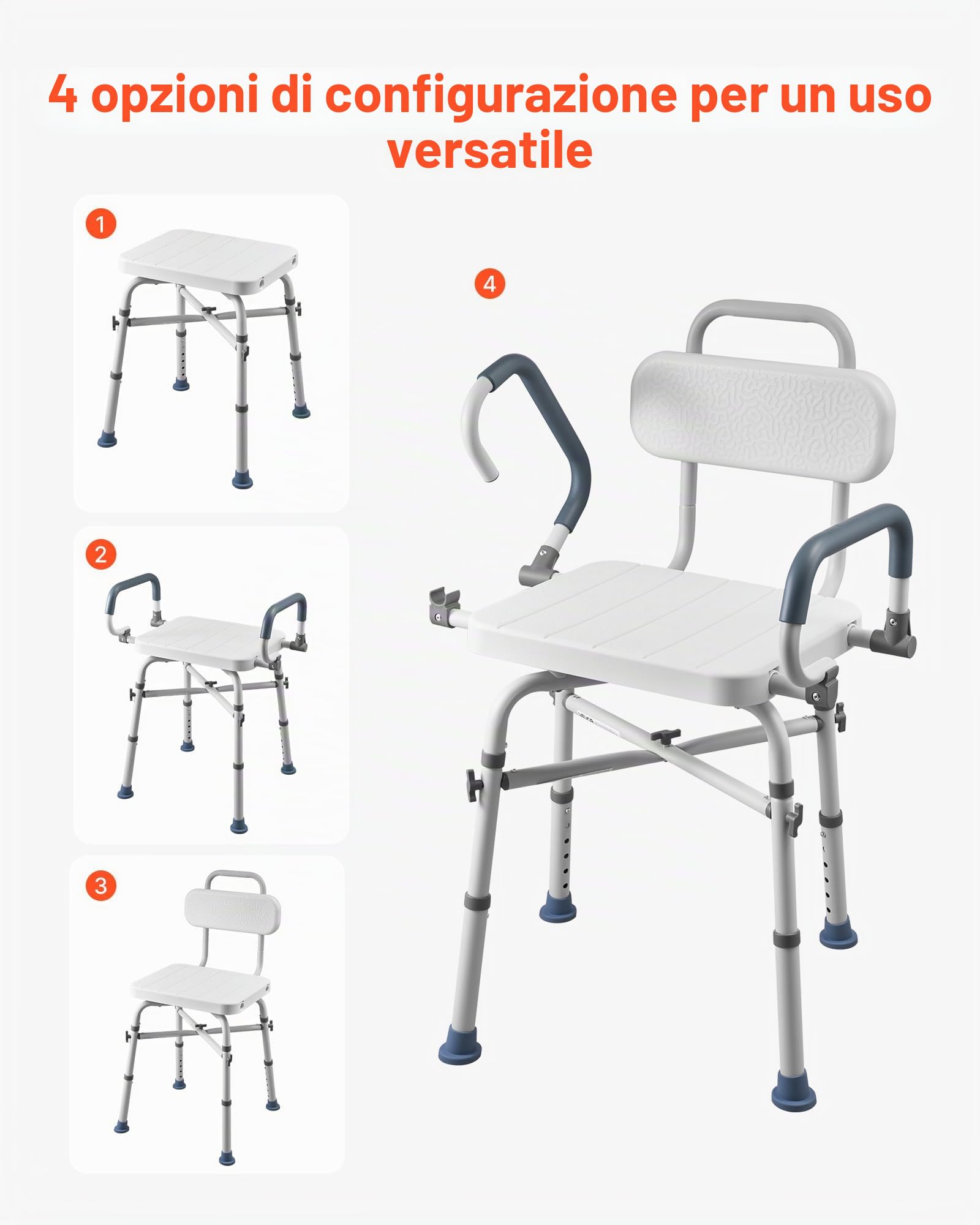 VEVOR Sedia da Doccia Girevole 360° con Braccioli Schienale, Sedia da Doccia per Anziani Pazienti Carico max 227 kg, Sedile Girevole per Vasca da Bagno Box Doccia Altezza Regolabile 415 a 540 mm