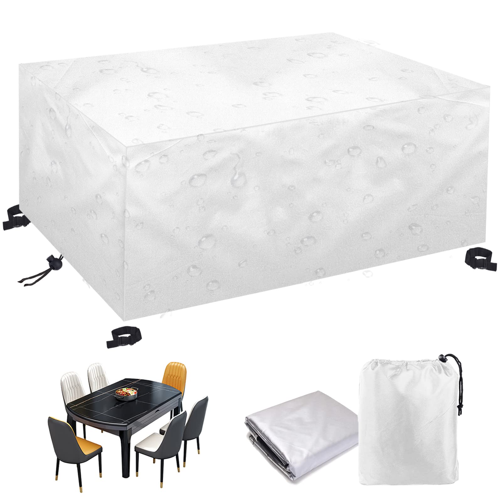 Abdeckung Gartenmöbel Rechteckig Abdeckhaube Gartentisch 420D Oxford Gewebe Wasserdichtes Winddicht Schutzhülle für Gartentisch Möbelsets-Silver|| 290x260x140cm/LxWxH