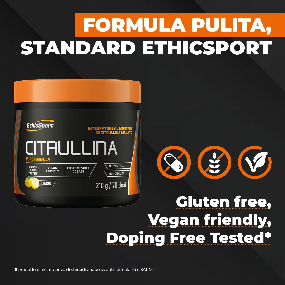 Citrullina EthicSport – Citrullina Malato 2:1 di alta qualità – Polvere solubile o Capsule vegetali – gluten free, vegan friendly – doping free tested* - Barattolo da 210 g