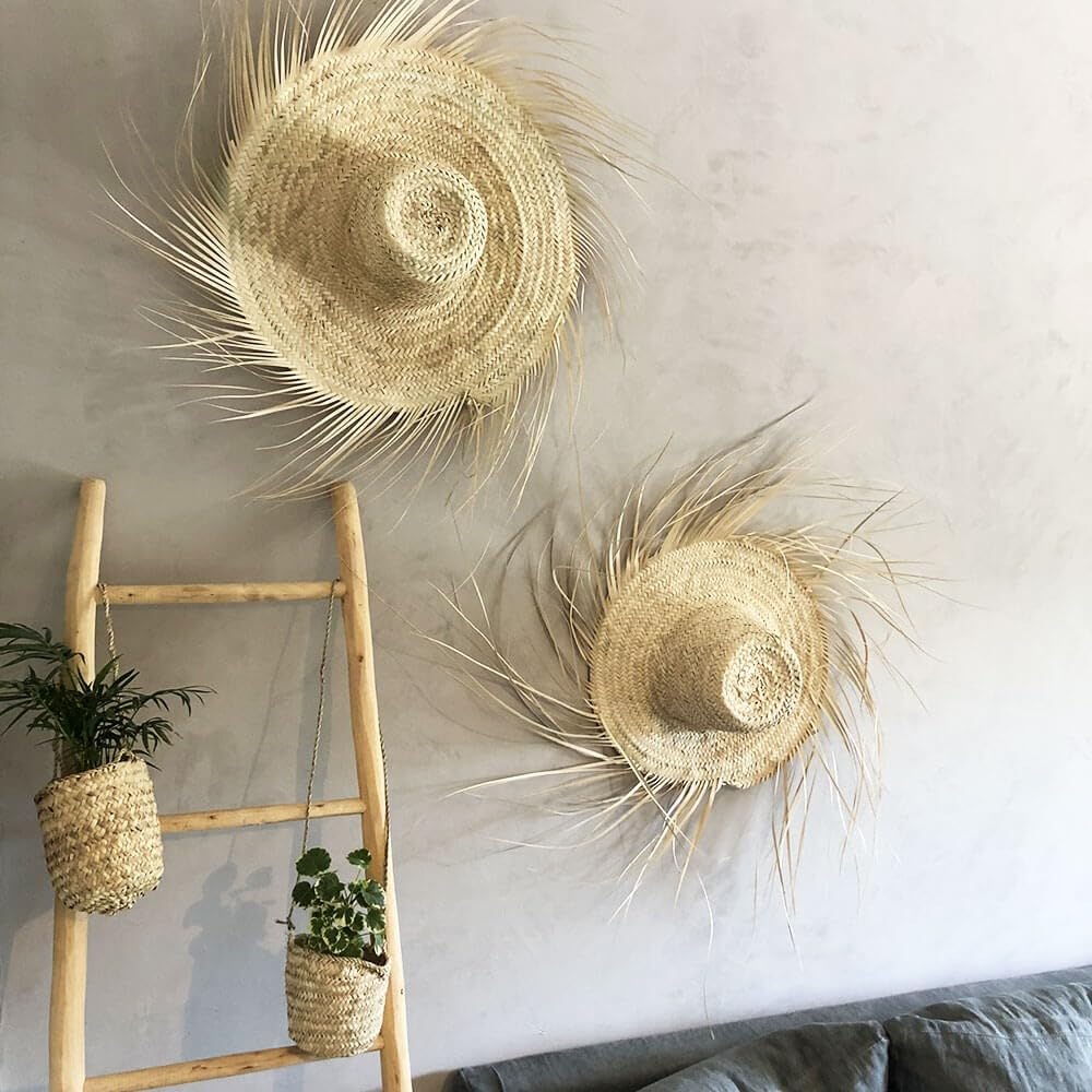 Chapeau en palmier pour Déco murale fait main Diamètre 35cm + franges