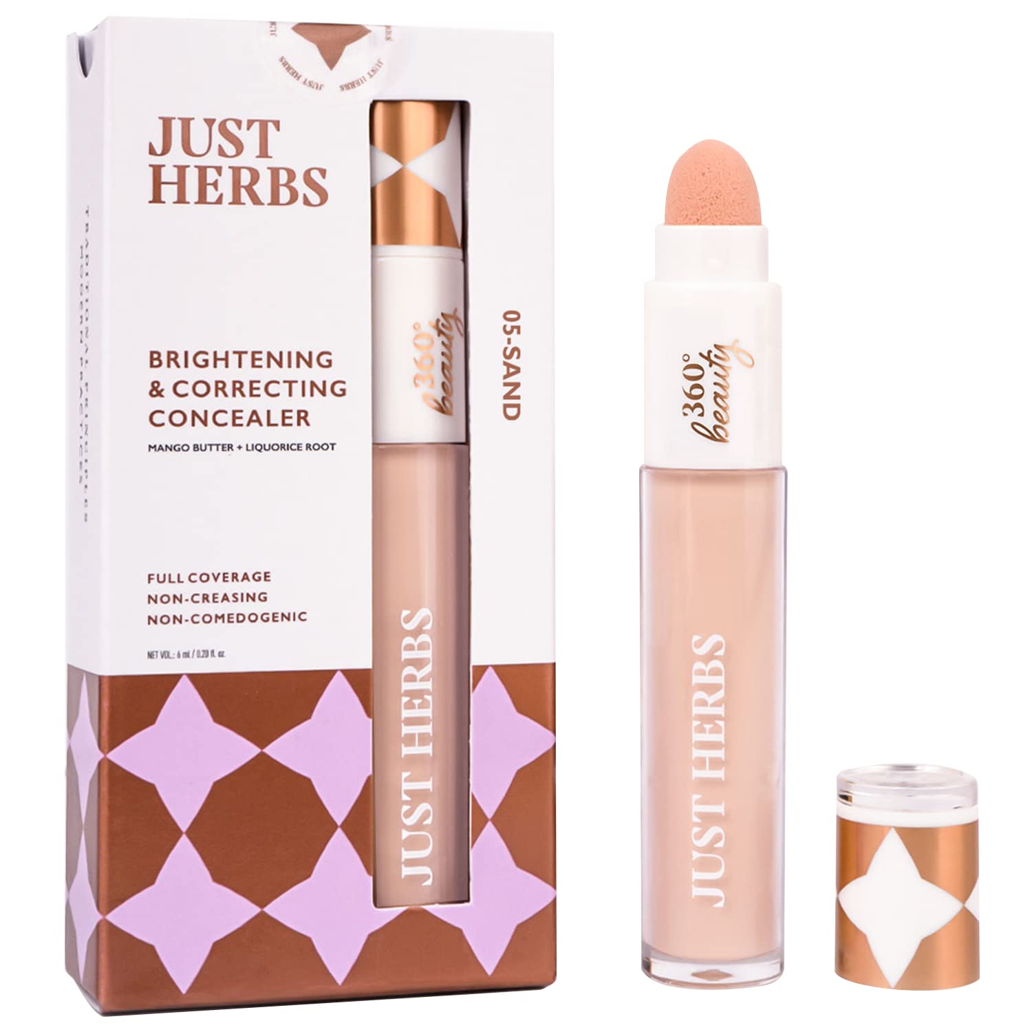 Just Herbs Concealer for Face Makeup With Liquorice Root Dewy Finish, Full Coverage Ultra Blendable Dark Circle Spot Brightening and Correcting Concealer 6ml (Sand)