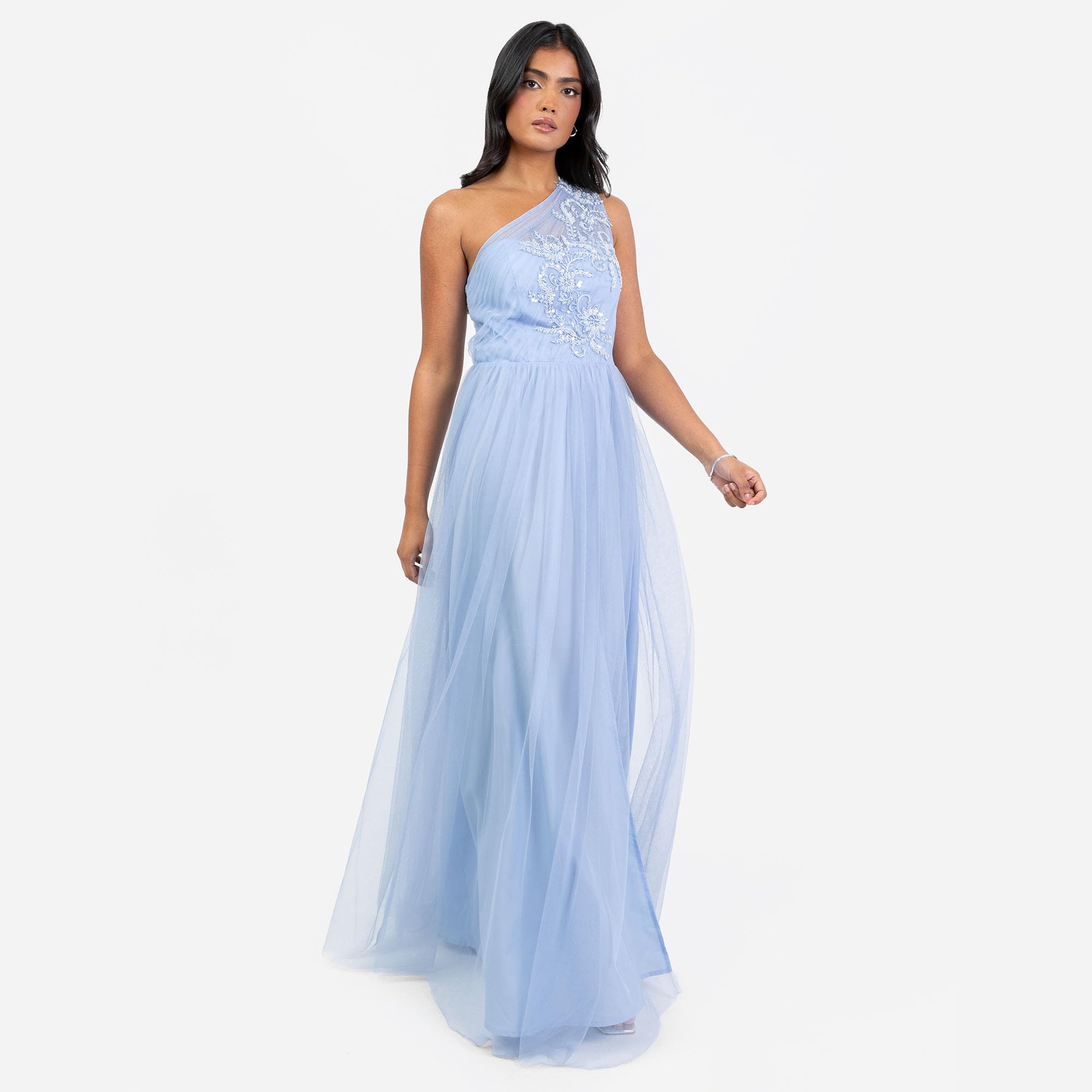 Maya Deluxe Women's Maxi Dress Ladies One Shoulder Embroidered Sequin Embellished Tulle Split Asymmetric Bridesmaid Prom Ball Gown Donna