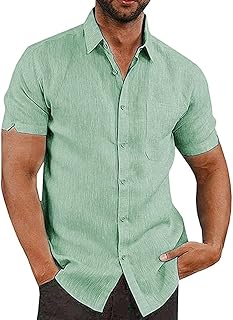 Evannitial Mens Linen Button Down Shirts Short Sleeve Cotton Casual Summer Beach Shirt Tops