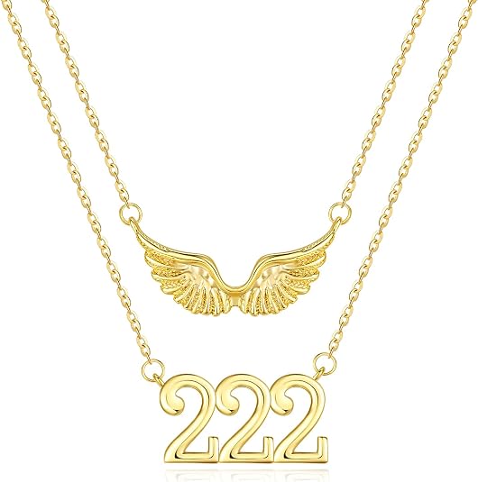14K Gold Angel Number Layered Necklace for Women Angel Wings Double Chain