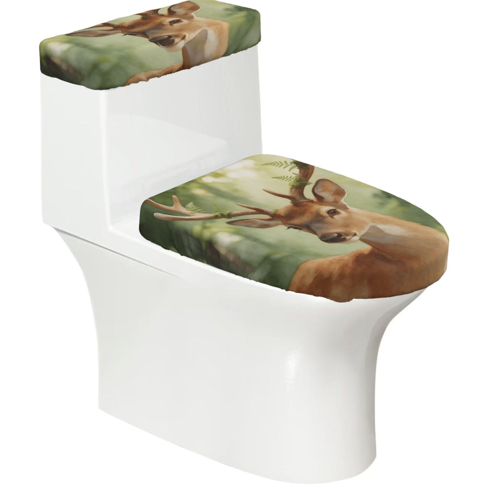 Cntdbu Black Deer Wash Art Elastic Toilet Cover Set Of 2-Stretchy Lid And Tank Covers For Bathroom, Soft Washable U Shape Toilet Decor
